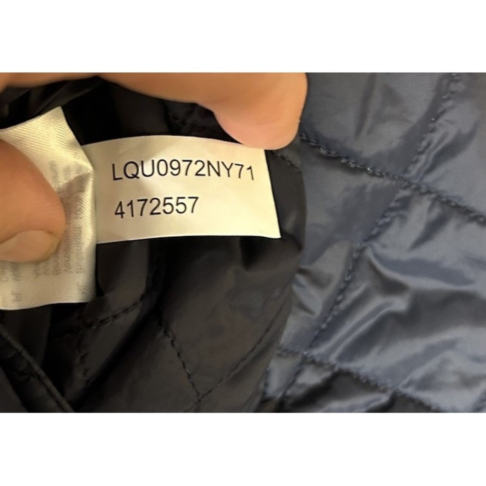 Barbour Greenfinch Midi Jacket Womens Sz 12 Navy Blue Hooded Shoulder Patches - Picture 11 of 14